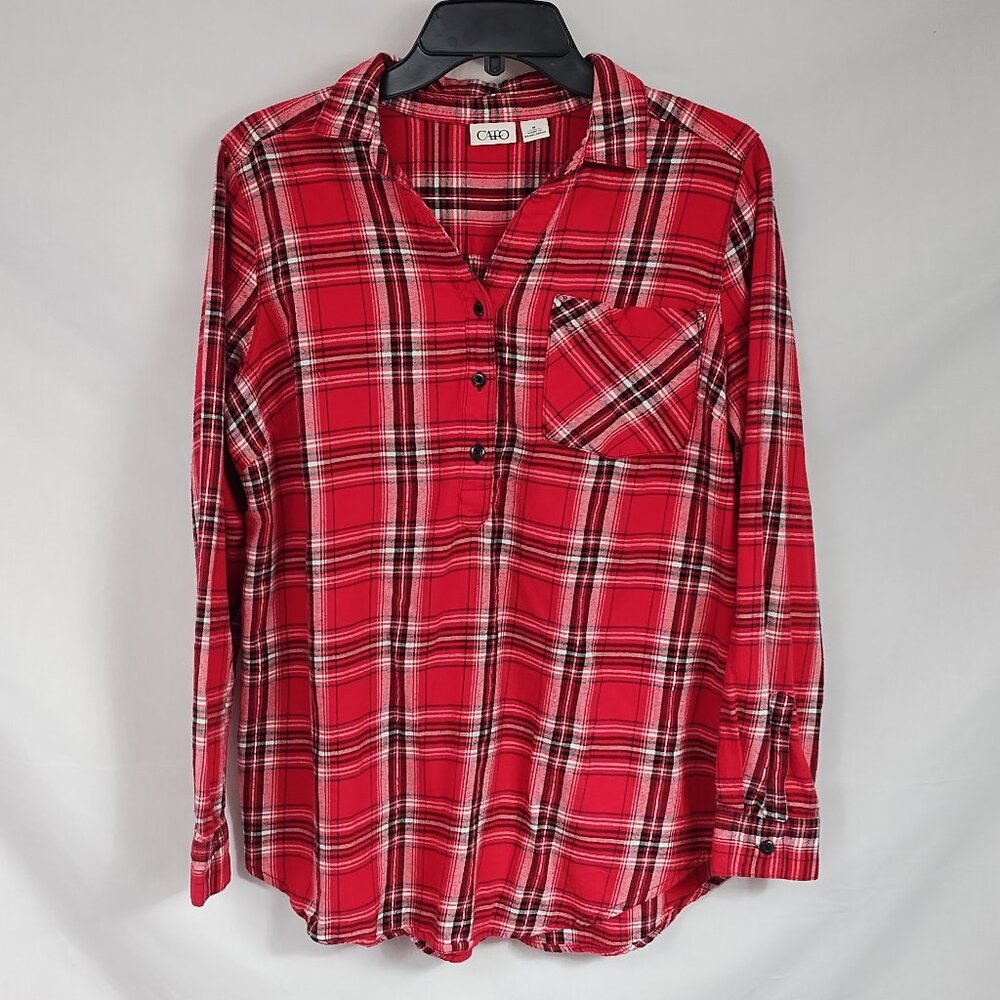 Cato Women's Red Plaid Long-Sleeve Half Button Flannel Tunic Length Size M - Picture 1 of 11